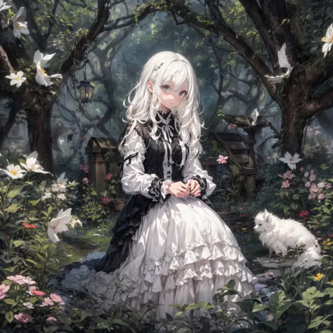 Create an image of an albino girl with a mysterious aura, set in an abandoned garden tea party. She has long, colorless white hair and jet black eyes, and is dressed in a jet black neo-Victorian dress with intricate layers of fabric, delicate lacework, and...