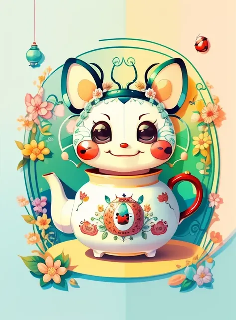 (cute ladybug smiling with tea pot and flowers), Munchkin ,Geometric multidimensional wall portrait, livro de arte, Tchibi,
Yang08k, Beautiful, Colouring,
Obras, of the highest quality, best quality, Arte Oficial, Beautiful and Aesthetic,