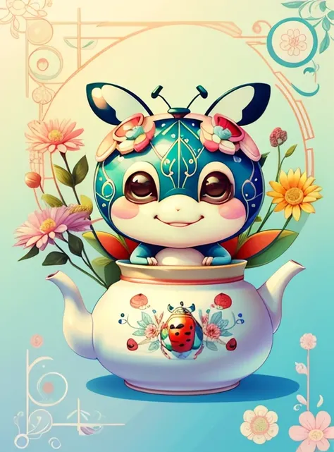 (cute ladybug smiling with tea pot and flowers), Munchkin ,Geometric multidimensional wall portrait, livro de arte, Tchibi,
Yang08k, Beautiful, Colouring,
Obras, of the highest quality, best quality, Arte Oficial, Beautiful and Aesthetic,