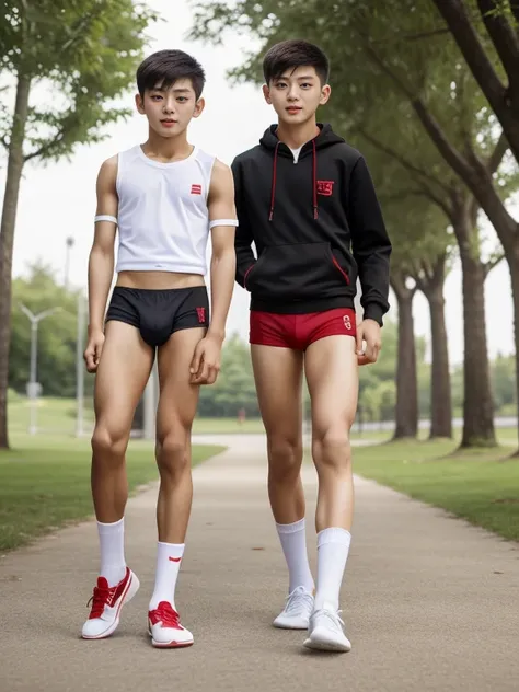 16 years old teenagers , very young , light-skin , wearing an dark red sexy underwear, tmasterpiece，k hd，the feet，Transparent sports vest，semi transparent，black long socks，The barefoot , red colour , handsome and cute , extreme cute boy , white skin , dark...