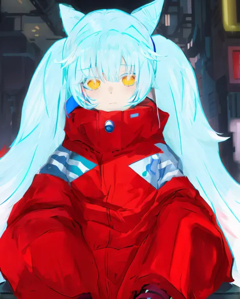 Anime girl with blue and white hair sitting on a bench, Red & Blue, anime moe artstyle, anime style 4 k, Red & blue theme, made with anime painter studio, unknown artstyle, mikudayo, anime artstyle, cyberpunk anime girl in hoodie, pixiv style, Vermillion a...