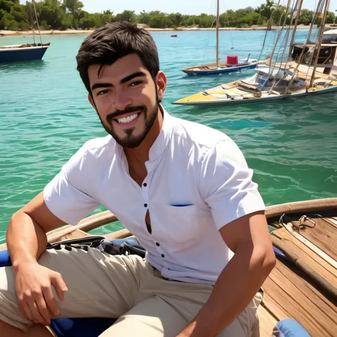 hombre arafed sentado en un muelle sonriendo, una foto de niko henrichon, shutterstock, bellas artes, un hombre sentado en un em...