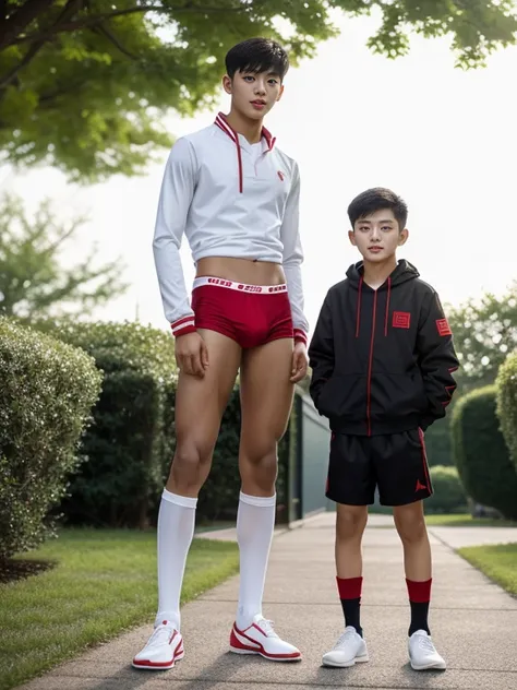 16 years old teenagers , very young , light-skin , wearing an dark red sexy underwear, tmasterpiece，k hd，the feet，Transparent sports vest，semi transparent，black long socks，The barefoot , red colour , handsome and cute , extreme cute boy , white skin , dark...