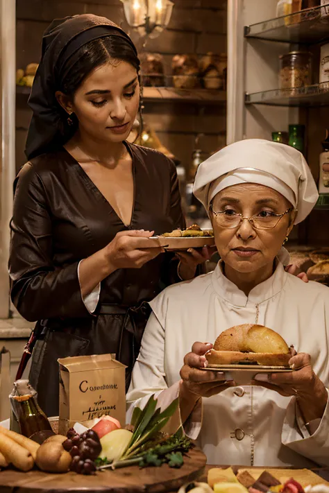 ((((produit du commerce électronique)))), ((cuisine)), (grande table), Femme musulmane vêtue d&#39;une robe, assiette à couscousune vieille femme