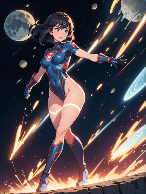 1girl, superhero, mature woman, leotard, bare legs, boots, gloves, glowing body, light surrounding her body, light particles, space backdrop, standing, cowboy shot, full body shot, superpower, perfect anatomy.