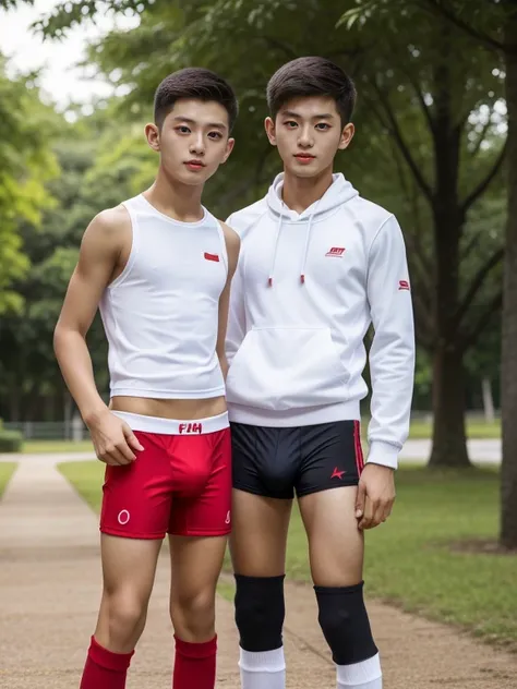 16 years old teenagers , very young , light-skin , wearing an dark red sexy underwear, tmasterpiece，k hd，the feet，Transparent sports vest，semi transparent，black long socks，The barefoot , red colour , handsome and cute , extreme cute boy , white skin , dark...