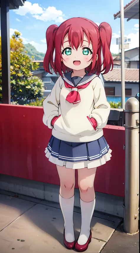 ruby kurosawa, aqua eyes, medium hair, red hair, Standing Picture、full bodyesbian、Put your hands together on your hips、、One girl、silber hair、long、FA smile、​masterpiece、Top image quality、Laugh、Long-sleeved sailor suit、pleatedskirt、long-sleeve、Moe Sleeve