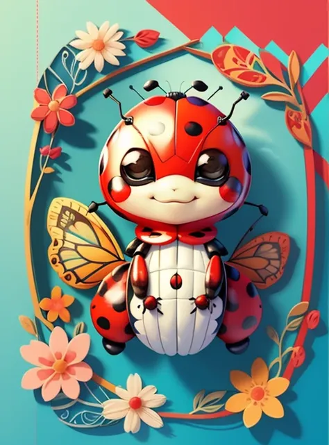 (cute red ladybug smiling with flowers and butterflies), Munchkin ,Geometric multidimensional wall portrait, livro de arte, Tchibi,
Yang08k, Beautiful, Colouring,
Obras, of the highest quality, best quality, Arte Oficial, Beautiful and Aesthetic,