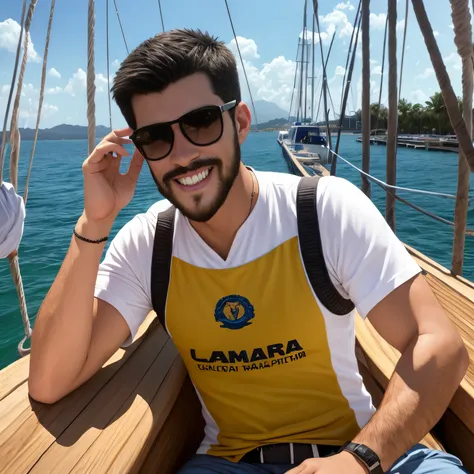 Hombre arafed sentado en un muelle con gafas de sol y sonriendo, una foto de Niko Henrichon, Shutterstock, Bellas Artes, Un hombre sentado en un embarcadero, Hombre atractivo, 26 year old man on a sailboat, Hombre atractivo, usar una camisa de lino, Hombre...