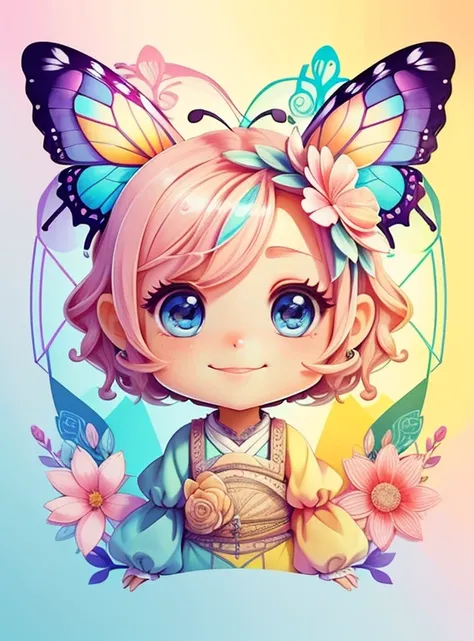 (cute butterfly smiling with flowers), Munchkin ,Geometric multidimensional wall portrait, livro de arte, Tchibi,
Yang08k, Beautiful, Colouring,
Obras, of the highest quality, best quality, Arte Oficial, Beautiful and Aesthetic,