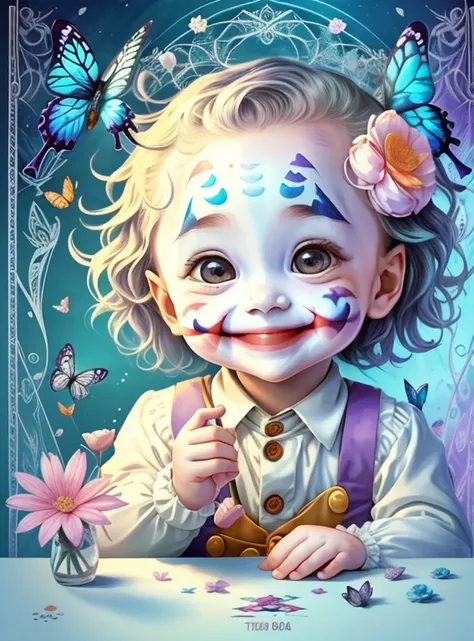 (cute baby joker smiling with flowers and butterflies), Munchkin ,Geometric multidimensional wall portrait, livro de arte, Tchibi,
Yang08k, Beautiful, Colouring,
Obras, of the highest quality, best quality, Arte Oficial, Beautiful and Aesthetic,