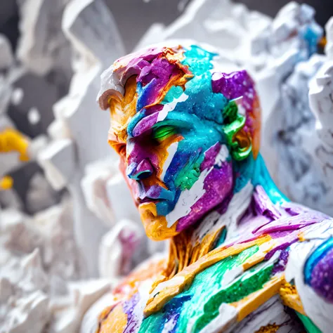 Close-up (multi coloured marble man with a broken face from Marvel in marble style: 1.3) emerging from the marble world, well detailed, sparks, flying debris, volumetric light