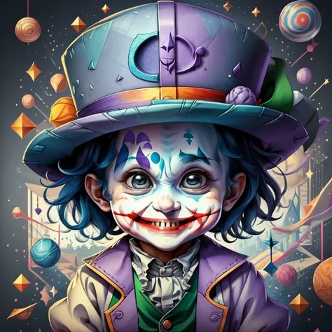 (cute baby joker smiling with a hat), Munchkin ,Geometric multidimensional wall portrait, livro de arte, Tchibi,
Yang08k, Beautiful, Colouring,
Obras, of the highest quality, best quality, Arte Oficial, Beautiful and Aesthetic,