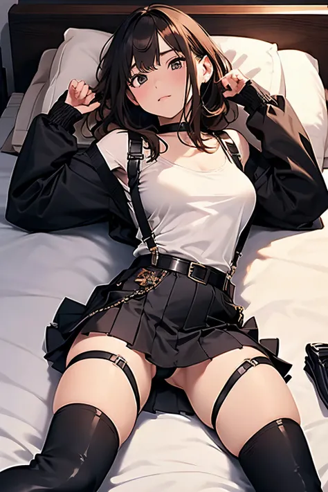 Brown hair、watching at viewers　　　black suspenders　　　Bulging big breasts　　 　 　　　walls: 　Black miniskirt　garters　　　　　　Gaze　　　Small face　bangss 　　　holster　　Belt Armament　Beautuful Women　srestrained　hands up　Lying in bed　Leg holster lying on the bed　　Gaze 　bla...