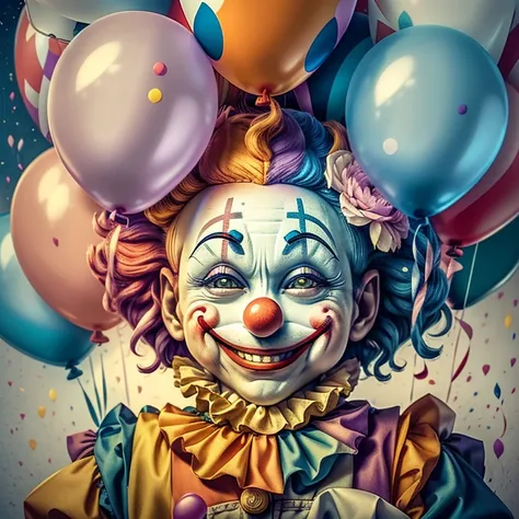 (cute clown smiling with flowers and ballons), Munchkin ,Geometric multidimensional wall portrait, livro de arte, Tchibi,
Yang08k, Beautiful, Colouring,
Obras, of the highest quality, best quality, Arte Oficial, Beautiful and Aesthetic,