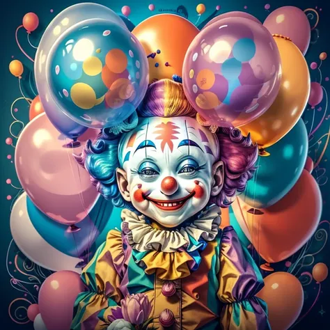 (cute clown smiling with flowers and ballons), Munchkin ,Geometric multidimensional wall portrait, livro de arte, Tchibi,
Yang08k, Beautiful, Colouring,
Obras, of the highest quality, best quality, Arte Oficial, Beautiful and Aesthetic,