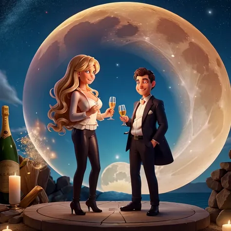 full moon night with a giant champagne glass full of gas bubbles where two people are diving into the champagne