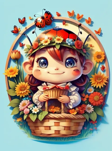 (cute red ladybug smiling with basket of flowers and butterflies), Munchkin ,Geometric multidimensional wall portrait, livro de arte, Tchibi,
Yang08k, Beautiful, Colouring,
Obras, of the highest quality, best quality, Arte Oficial, Beautiful and Aesthetic,