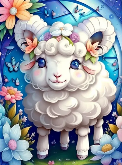 (cute lamb smiling with flowers and butterflies), Munchkin ,Geometric multidimensional wall portrait, livro de arte, Tchibi,
Yang08k, Beautiful, Colouring,
Obras, of the highest quality, best quality, Arte Oficial, Beautiful and Aesthetic,