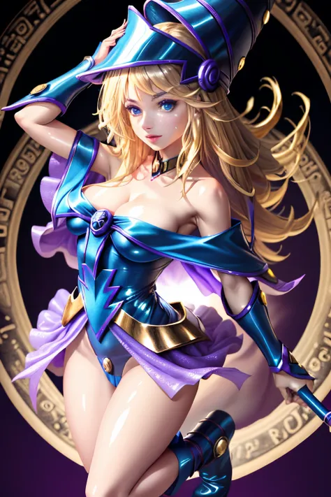 ultra-detailed, extremely detailed, masterpiece, highest quality, best quality, absurdres, highres, dark magician girl, (1girl:1.2), solo, detailed face, dynamic pose, hair flow, (full body:1.1),  blonde hair, long hair, looking at viewer, green eyes, skin...