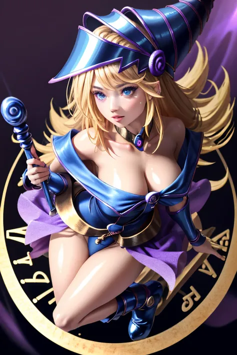 ultra-detailed, extremely detailed, masterpiece, highest quality, best quality, absurdres, highres, dark magician girl, (1girl:1.2), solo, detailed face, dynamic pose, hair flow, (full body:1.1),  blonde hair, long hair, looking at viewer, green eyes, skin...