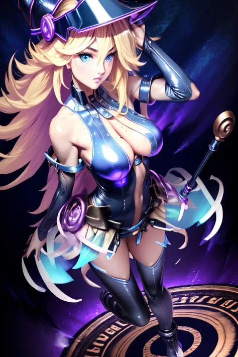 ultra-detailed, extremely detailed, masterpiece, highest quality, best quality, absurdres, highres, dark magician girl, (1girl:1.2), solo, detailed face, dynamic pose, hair flow, (full body:1.1),  blonde hair, long hair, looking at viewer, green eyes, skin...