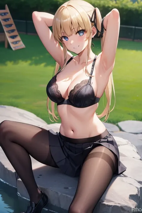 eririspencer, eriri sawamura spencer, blonde hair, blue eyes, blunt bangs, hair ribbon, hime cut, long hair, twintails, full body, full pose, ((medium BREASTS)), ((smile)), teeth, Grimace, ((sitting on rock)), ((spread legs)), BREAK, ((black pantyhose)),((...