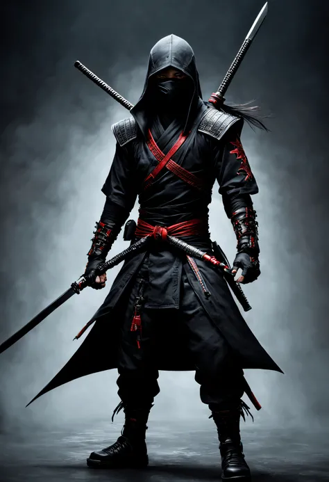 A realistic ninja in a detailed and textured biomechanical style relay, dans un monde sombre et lumineux, avec katana et shuriken