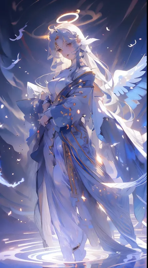 Anime Style, masterpiece: naked young woman nude, 20 years, perfect naked breasts, perfect nude hairy pussy, wings of angel, place is water inside white marfim themple, she smile, halo above her head, silver eyes, silver long hair