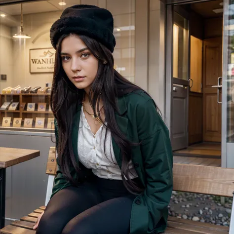 (one girl), Hanna, a 21 year old girl, 1.70 meters tall, weighs 49 kg, has very long and straight dark purple hair, has big green eyes, wears gold earrings and bracelets, always has a smartwatch on wrist, sitting on a bench in the evening in front of a swe...