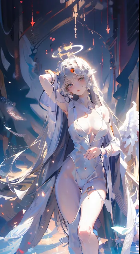 Anime Style, masterpiece: full naked young woman frontal nude, 20 years, perfect naked breasts, perfect nude hairy pussy nude, wings of angel, place is water in floor, inside white marfim themple, she smile, halo above her head, silver eyes, silver long ha...