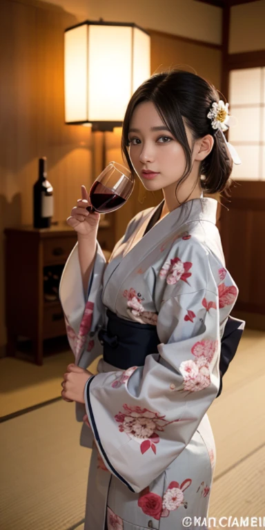 (masutepiece, Best Quality:1.4), Beautiful face, 8K, 85 mm, absurderes, ((FULL BODYSHOT:1.3))、((traditional Japanese room（With futon）))、(Floral pattern long-sleeved kimono:1.4), cowboy  shot、((Drinking wine:1.4))、violaceaess, gardeniass, Delicate girl, Sol...