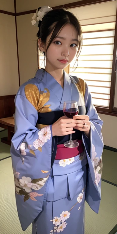 (masutepiece, Best Quality:1.4), Beautiful face, 8K, 85 mm, absurderes, ((FULL BODYSHOT:1.3))、((traditional Japanese room（With futon）))、(Floral pattern long-sleeved kimono:1.4), cowboy  shot、((drinking wine:1.4))、violaceaess, gardeniass, Delicate girl, Sol...