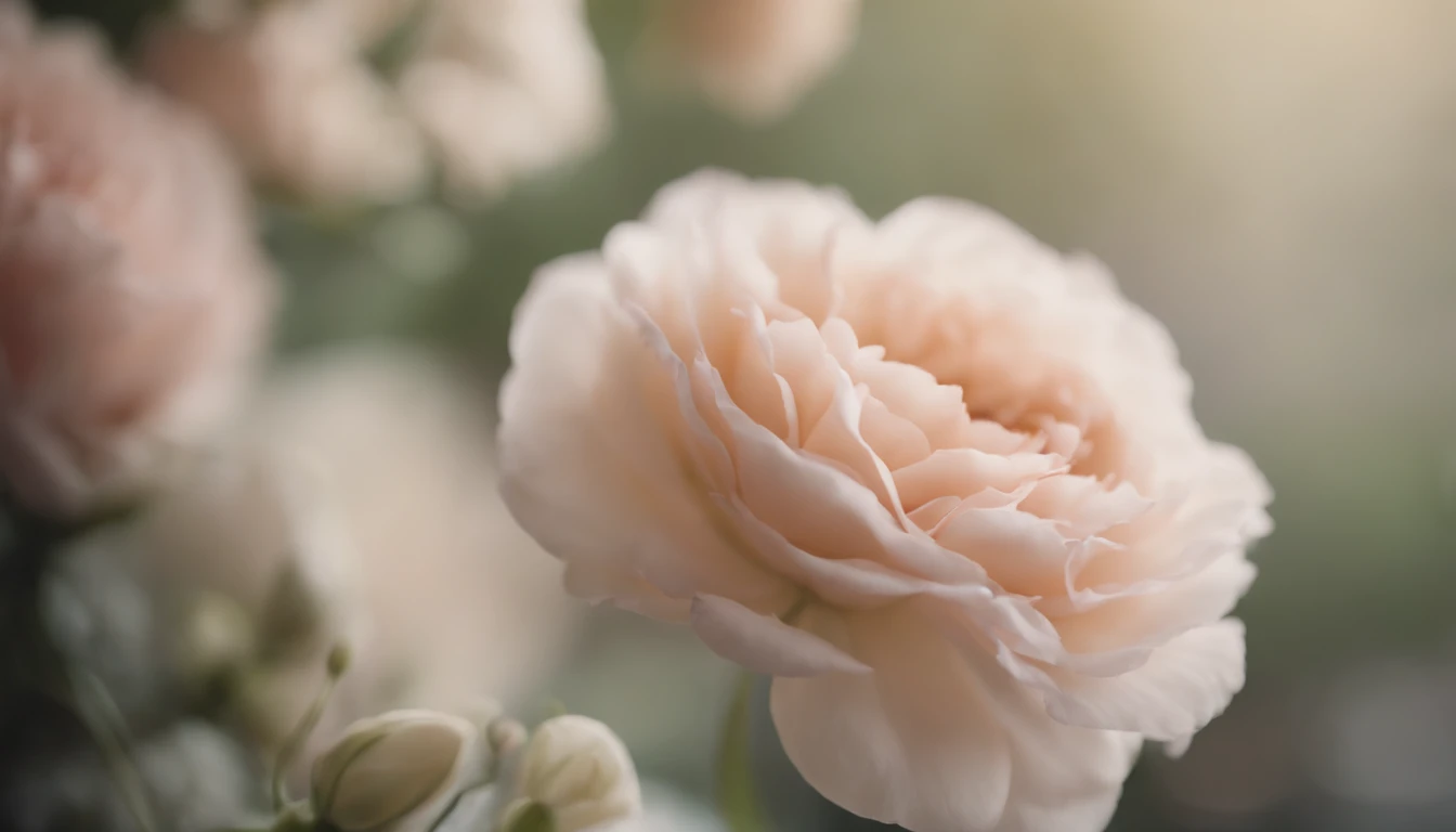 Capture a detail shot of a softly blurred floral arrangement, showcasing the delicate shapes and pastel tones that create a soft and romantic background