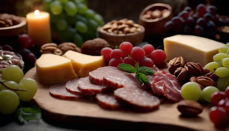 Capture a close-up shot of a beautifully arranged charcuterie board, showcasing an assortment of savory meats, cheeses, fruits, and nuts in a visually appealing and appetizing display