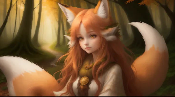 girl fox,illustration,oil painting,best quality,ultra-detailed,vivid colors,soft lighting,beautiful detailed eyes,fluffy tail,forest background,bokeh,fantasy,autumn colors,natural beauty,graceful pose,lively expression,artistic interpretation,captivating g...