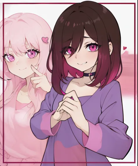 anime girl with pink hair and brown hair, a purple shirt with a pink heart, ((pink)), anime vibes, [[[[grinning evily]]]], in an anime style, yume nikki, inspired by Takehisa Yumeji, gapmoe yandere, inspired by Taiyō Matsumoto, flat anime style shading, ya...