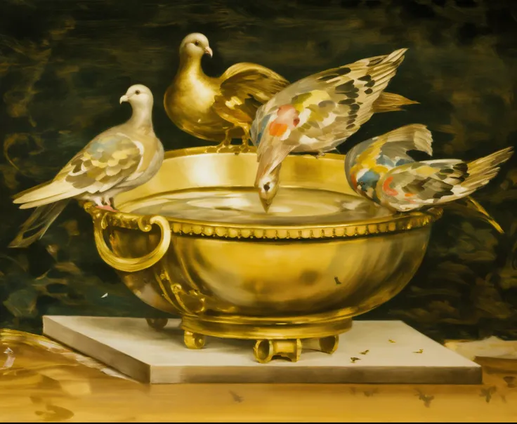 painting of a bowl with doves on top of it on a table, by françois girardon, on a marble pedestal, by gillis d'hondecoeter, by a...