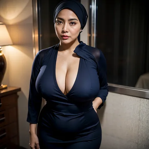 50 years Old, Hijab Indonesian mature woman, Big Tits : 66.9, doctor suit,curvy body, Breast about To burst out from her clothes : 1.9, at doctor office, Dark light, at Nighttime.