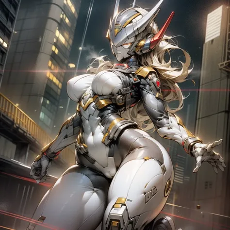 （masutepiece、8K、Ultra-delicate、hight resolution），giant,(((Female Ultraman)))，(((No muscles，large breasts)))，(Her head is tapering,The body is made of red and silver and gold，The arms present a streamlined design，On the chest there is a round calculator，Loo...