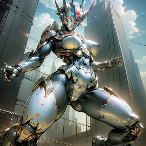 （masutepiece、8K、Ultra-delicate、hight resolution），giant,(((Female Ultraman)))，(((No muscles，large breasts)))，(Her head is tapering,The body is made of red and silver and gold，The arms present a streamlined design，On the chest there is a round calculator，Loo...