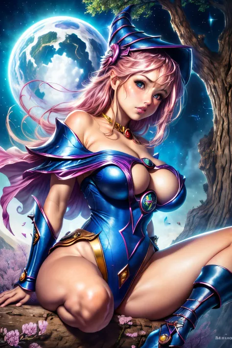 Dark magician gils ((mejor calidad)), ((obra maestra)), (detallada), rubia, smal boobs, smal boobs, seductive succubus, Ethereal Beauty, Perched on a pink flowering tree, (Fantasy Illustration: 1.3), mirada encantadora, cautivadora pose, chica dark magicia...