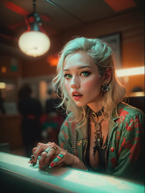 analogue photo of young blonde woman with cyberpunk hair, (((big boobs))) in a 1950 punk korean bathroom, ((green and red neon lights)), (((((high fashion clothes in the style of Alexander McQueen))))), supermodel, sexy model poses, masterpiece, eye level,...