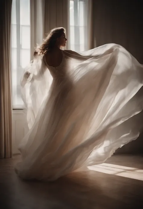 Capture a dynamic action shot of a soft, flowing curtain or fabric, capturing the ethereal movement and creating a soft and dreamlike background