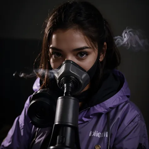 Young women using gas mask surrounded by smoke, hard ambiental purple light, 3/4 face pose