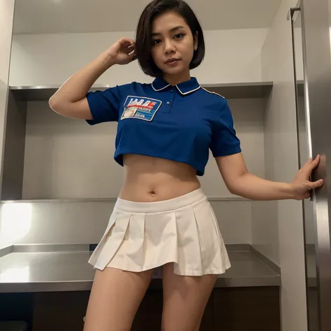 Indonesian mom, short bob hair, wearing very tide mini skirt, with boob in ofice uniform, without panties, showing leg open