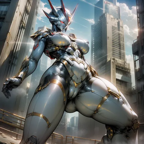 （masutepiece、8K、Ultra-delicate、hight resolution），giant,(((Female Ultraman)))，(((No muscles，large breasts)))，(Her head is tapering,The body is made of red and silver and gold，The arms present a streamlined design，On the chest there is a round calculator，Loo...