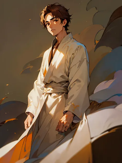 (best quality, masterpiece: 1.2), ultra-detailed, character portrait, ((young man)), illustration, anime style, brown eyes, short brown hair, simple white robe, neutral expression, solid color background, (hand with five fingers), subtle lighting, classic ...