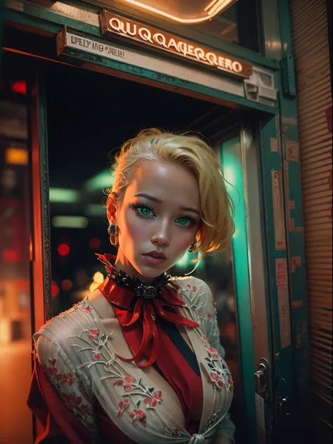 analogue photo of young blonde woman with cyberpunk hair, (((big boobs))) in a 1950 korean hotel front door, ((green and red neon lights)), (((((high fashion clothes in the style of Alexander McQueen))))), supermodel, sexy model poses, masterpiece, eye lev...