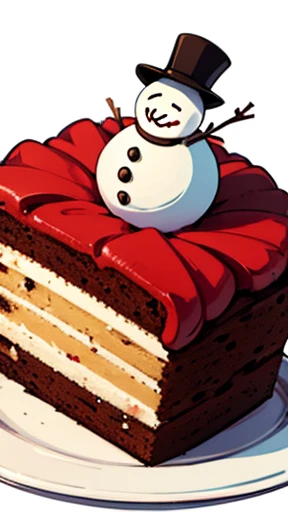 Best Quality, Cute snowman cake illustration, Delicious cake illustration. Cake in the shape of a ghost, 1 slice cut, Looks appetizing. The cake is placed on a white plate, Simple white background. Show center, Make the whole cake visible without interrupt...